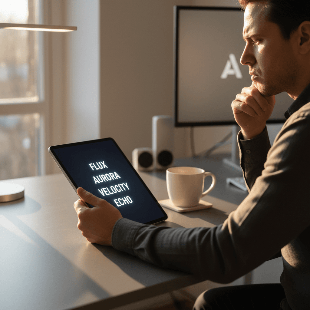 Designer reviewing domain-ready name options