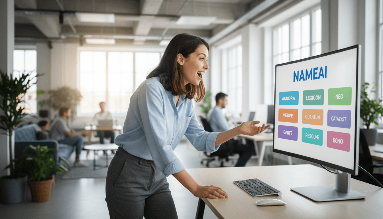 Entrepreneur engaged with NameAI dashboard showing multiple startup name options