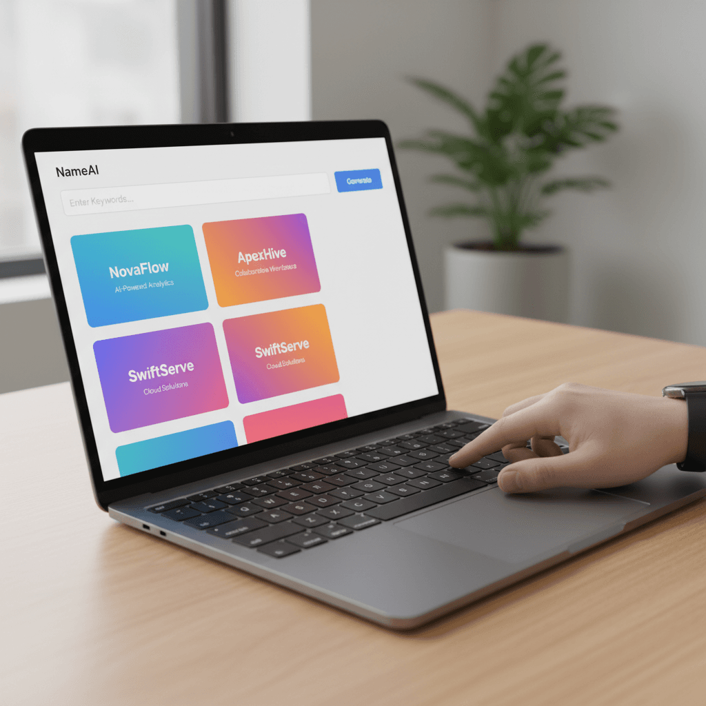 NameAI interface displaying generated startup name suggestions on laptop screen
