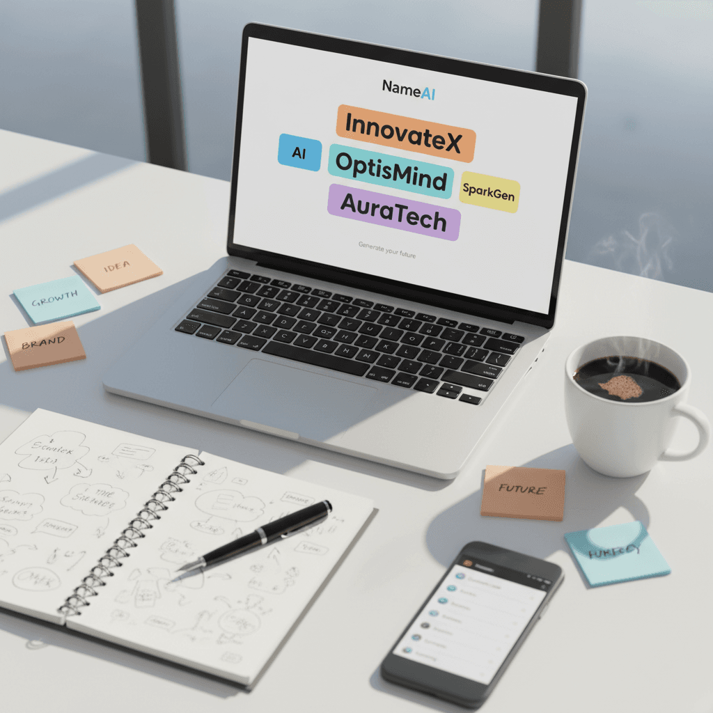 Laptop displaying NameAI name generator interface with brainstorming notes and coffee on workspace