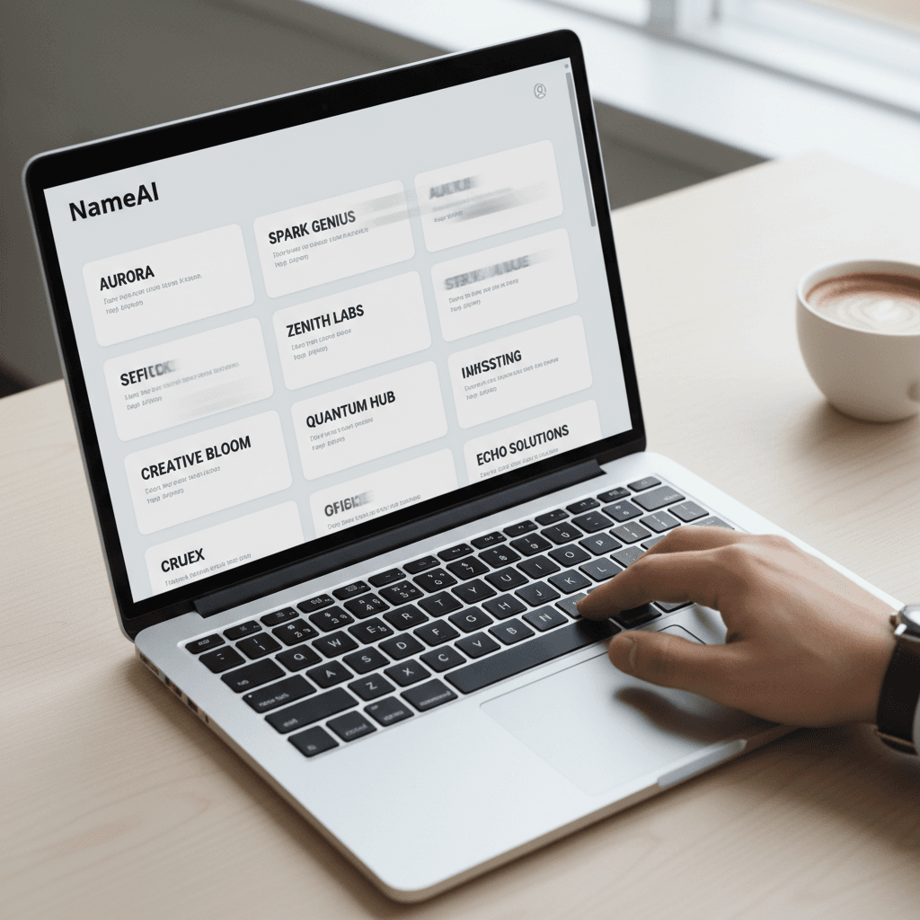 NameAI dashboard showing generated startup name suggestions on laptop screen