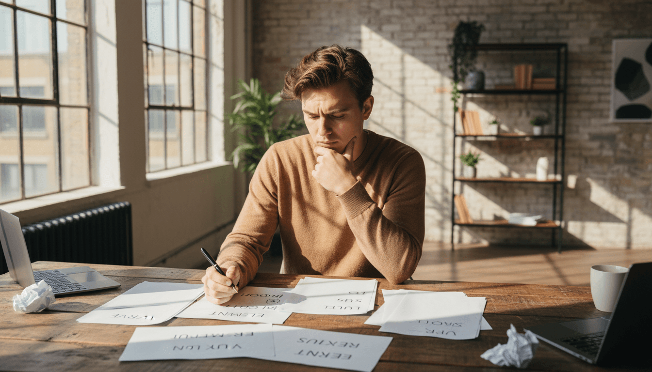 Entrepreneur reviewing startup name suggestions at desk in bright London studio workspace