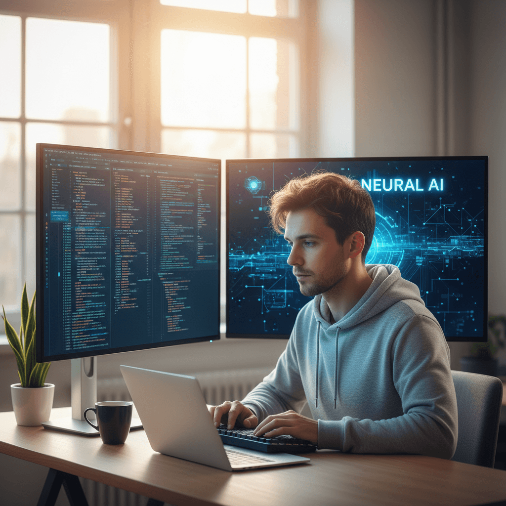 Developer building AI technology at desk
